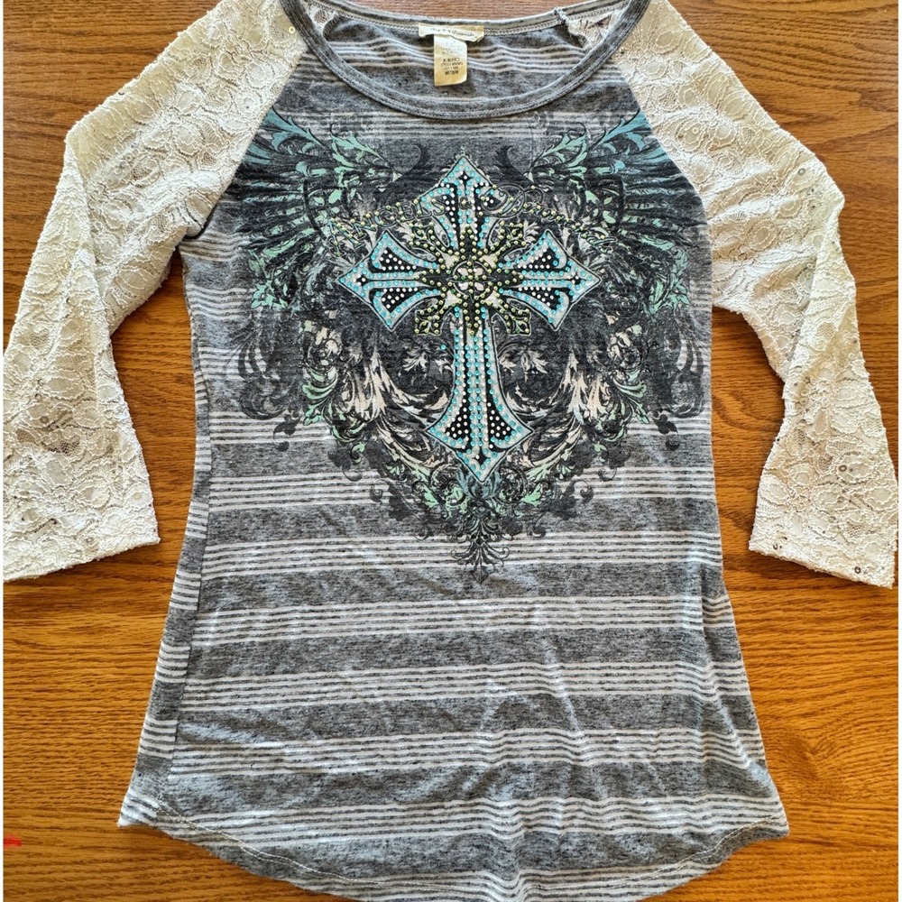 Angels & Diamonds Y2k Embelished Celtic Cross‎ Graphic Tee Womens M Lace Grunge
